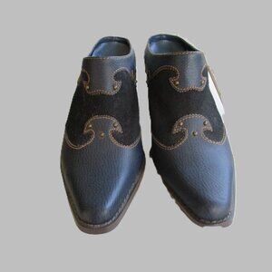Cowgirl style Navy Mules size 8 leather & suede leather gold tone design on top